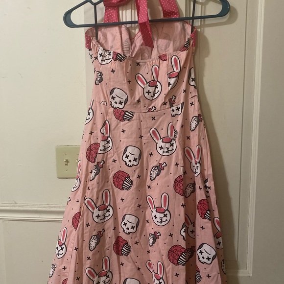 Sourpuss Pink Tie Halter Dress with Bunny and Skull Motif - Picture 4 of 4